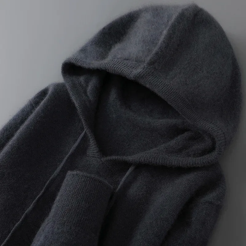 DjzDsm Autumn Winter Men's Sweater 100% Merino Wool Thick Hooded Pullover Soft Knitwear Casual Comfort Wool Clothing Tops