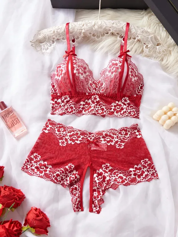 Sexy Lingerie Set Women Lace Bra And Panty See Through Floral Embroidery Bralette Transparent Erotic Underwear Bow Nightwear
