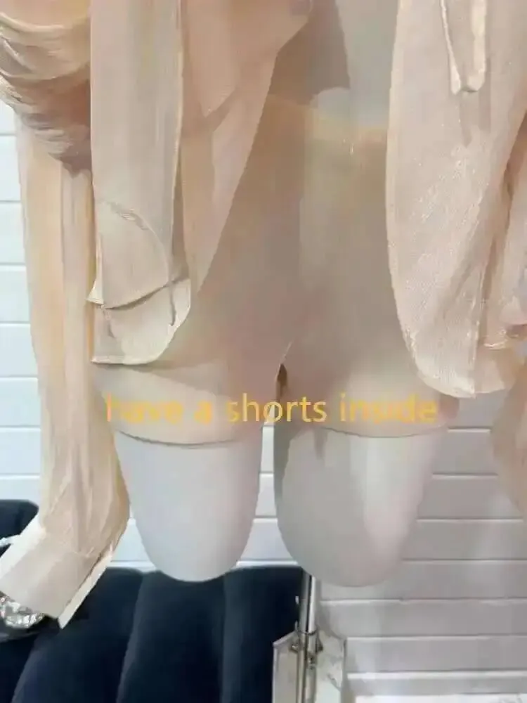 2026 New Summer Fashion Women Clothes Round Neck Lantern Sleeves Satin Short Dress With Shorts Under Two Pieces Set