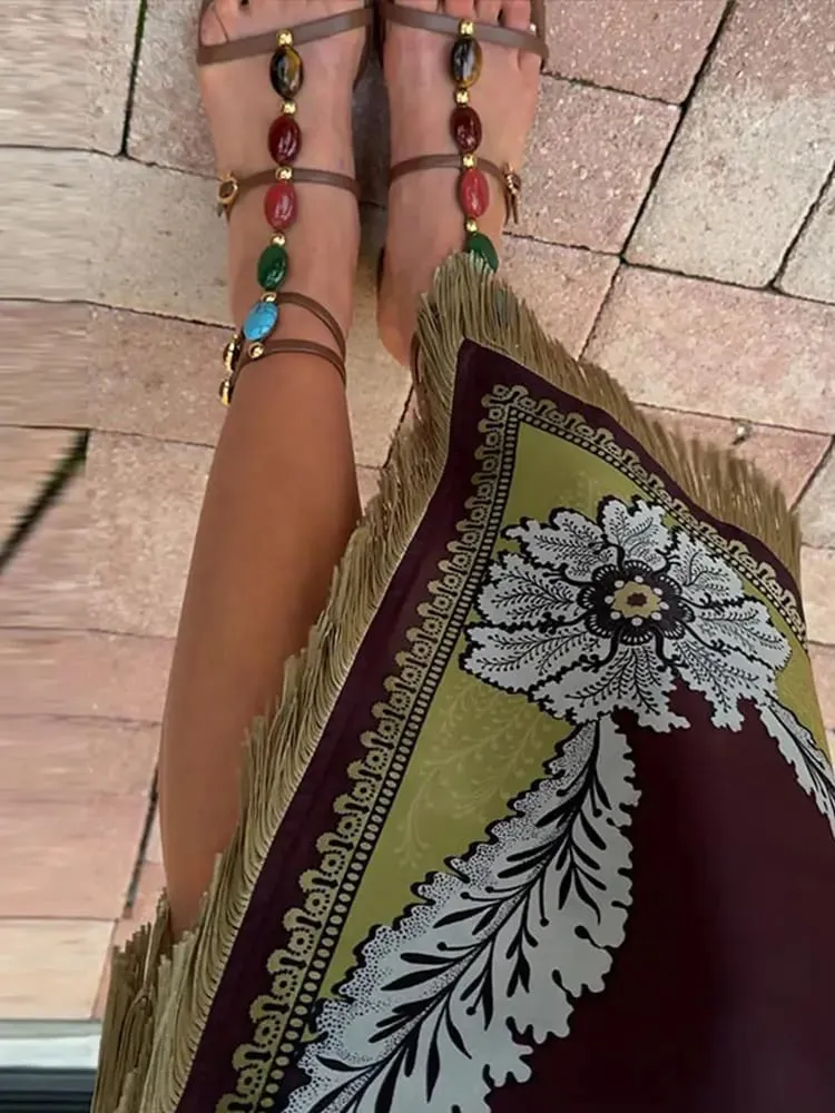Elegant Printed Women's Tassel Dress Fringed Sleeveless Slim Irregular Party Evening Dresses 2026 Spring Summer Lady Vestidos