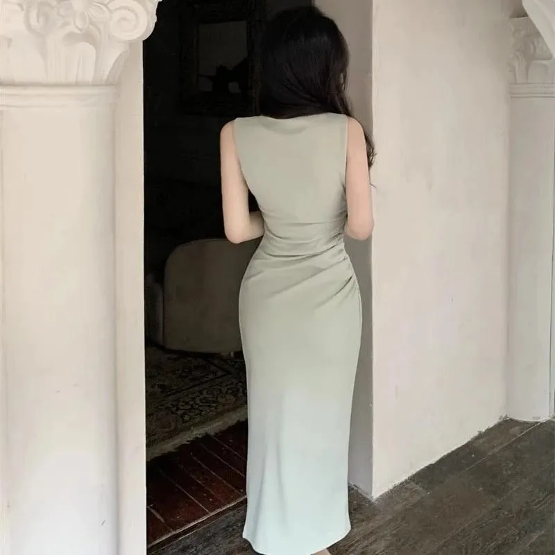 Women Premium Light Green Draped Square Neck Mid Calf Dress Lady Elegant Sleeveless Side Slit Dress Female Summer Concise Dress — image 4