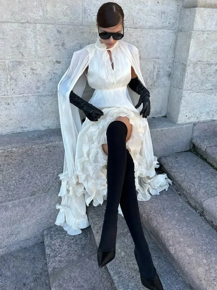 Solid White Ruffle Maxi Dress Women Fashion Lace Pleated Sleeveless Off-shoulder Long Dresses Lady 2026 Summer Holiday Robes New