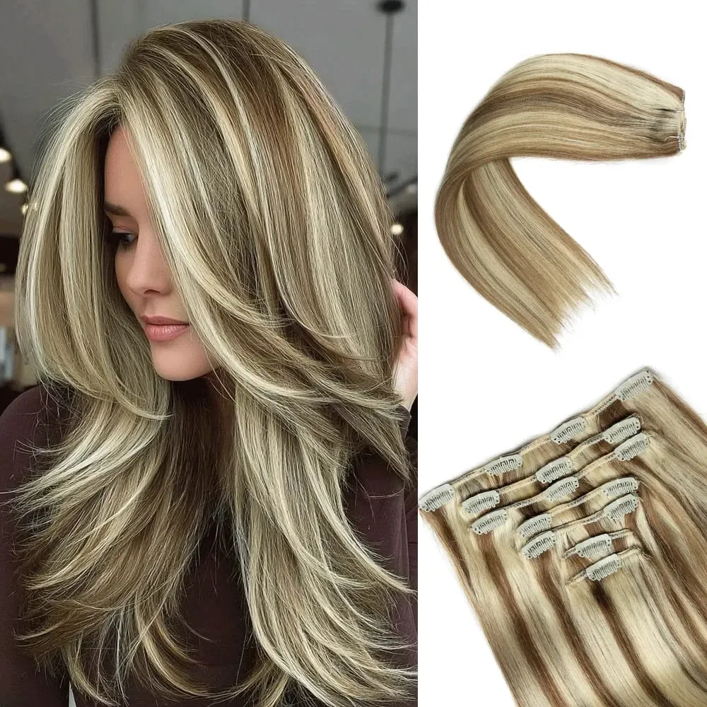 7PCS Clip in Human Hair Extensions 14-22 Inch Remy Double Weft Dark Brown to Chestnut Brown Ombre Invisible Seamless for Women