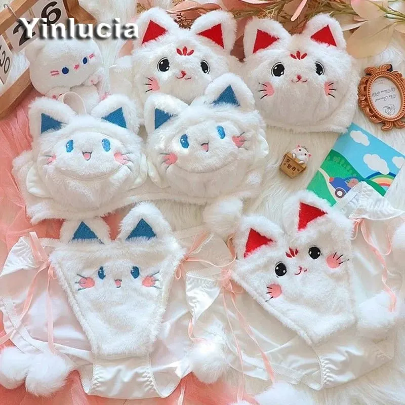 Cute Cartoon Furry Cat Ears Lingerie Bras Underpants Underwear 2 Pcs Sets Sweet Warm Winter Plush Underwear Set Christmas