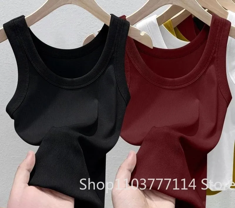 Women's Solid Round Neck RibbedTop Camisole Summer Basic Elastic Spaghetti Strap Top Lightweight Cool Base Shirt Sleeveless Vest
