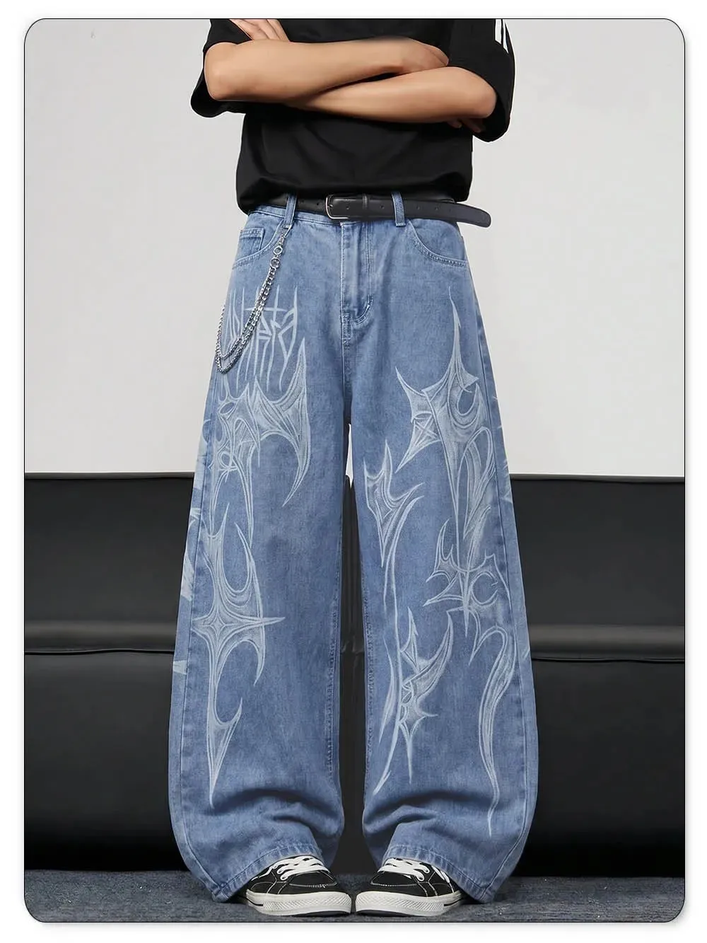 Men's Casual Spiral Graffiti Print Hip Hop Oversized Baggy Wide Leg Jeans Trendy Casual Slop Lazy Street Daily Denim Pants
