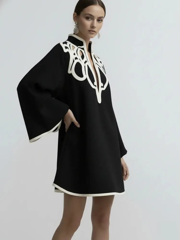 Freeacy Women's Hollowed Stand Collar Loose Mini Dress 2026 Spring New Contrast Color Long Sleeves Vacation Party Dresses — image 5