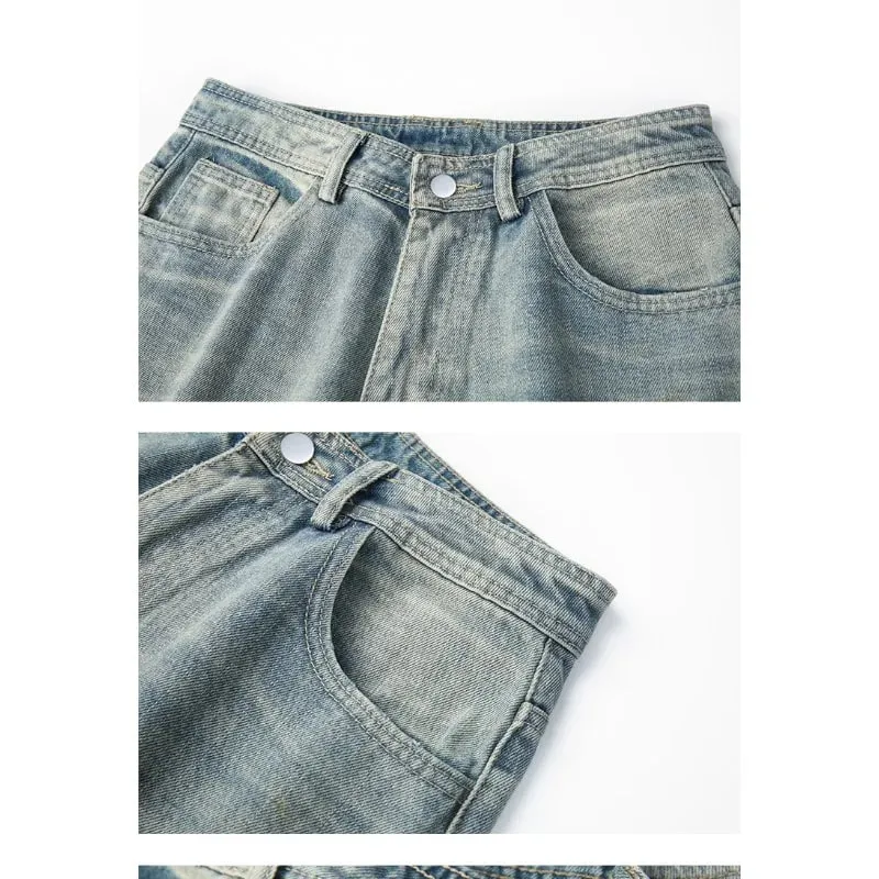 Summer New American Retro Blue Ripped Design Loose Wide Leg Cropped Pants Men's Jeans Man Pants