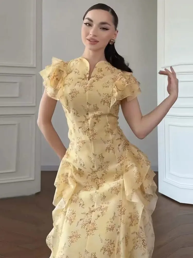Floral Print Stand Collar Ruffled Tiered Dress Waist Cinched Flutter Sleeve 2026 Summer Women Dress Casual Delicate Lady Vestido