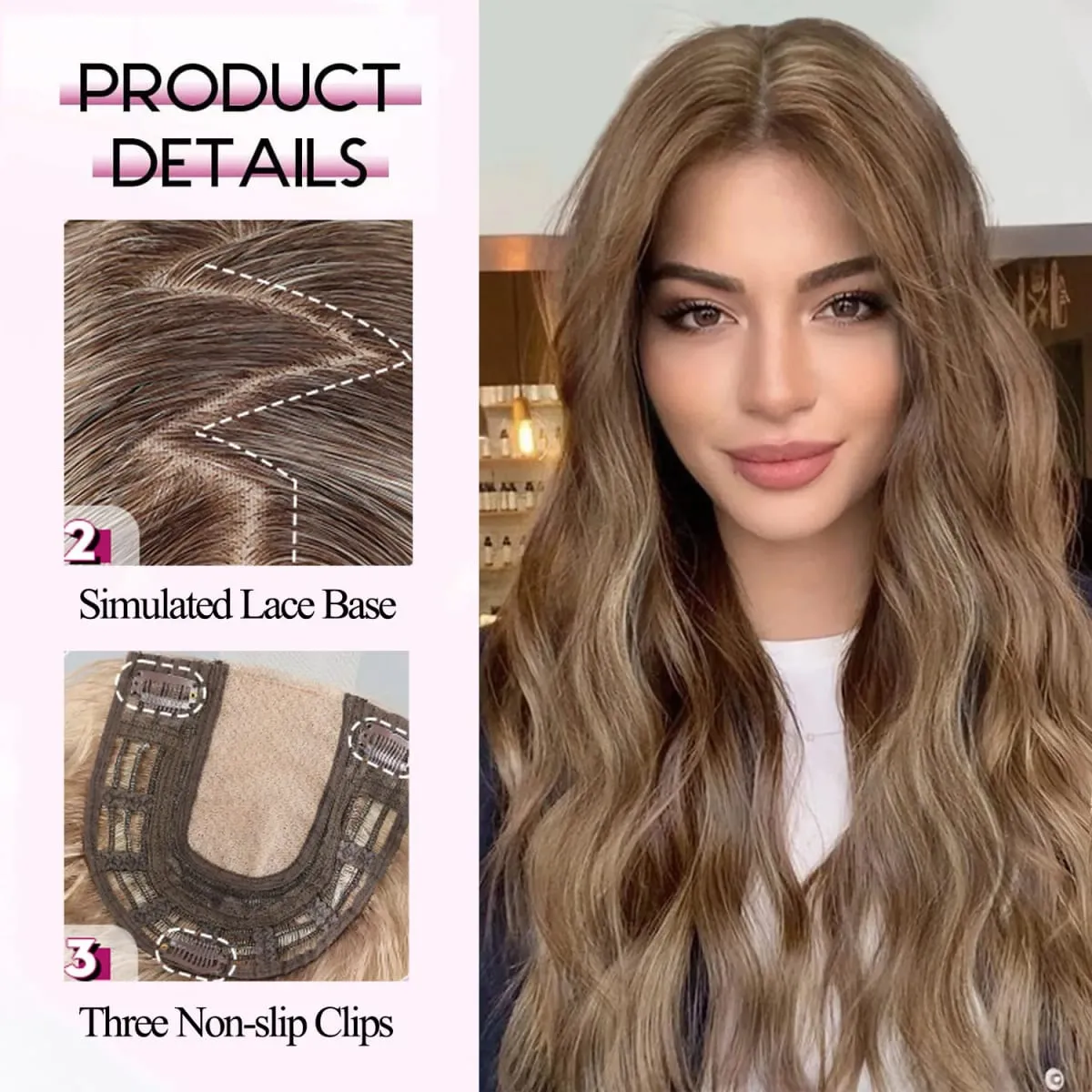 20in Wavy Hair Toppers Long Brown Mixed Blonde Premium Synthetic Hairpieces with 6*6 Large Base Lace Clip In Hair for Women
