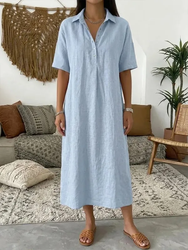 2026 Women's Spring and Summer New Casual Straight-Cut Comfortable Polo-Neck Linen Short-Sleeve Dress