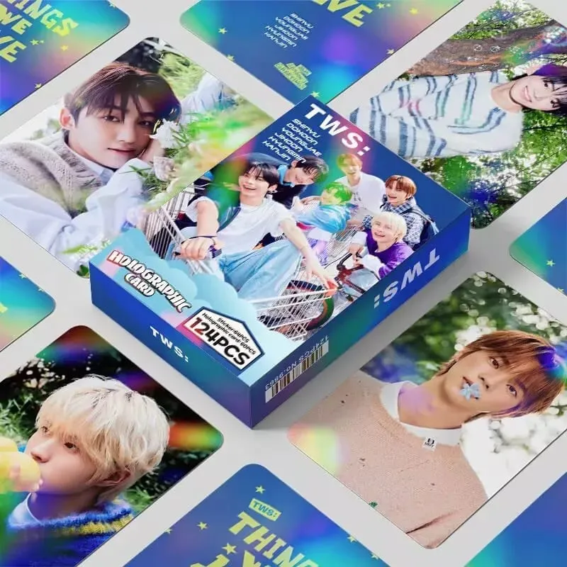 124-piece laser card set featuring Korean boy band TWS (Taiwanese pop music) shimmering photos perfect for Instagram interior
