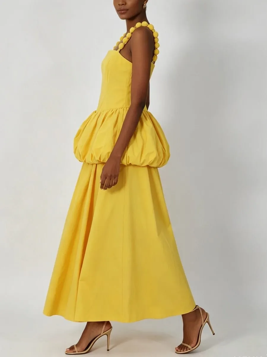 VGH Trend Yellow Maxi Dress Women Square Collar Sleeveless Folds Elegant Long Skirt for Club Evening Party Summer Fashion New