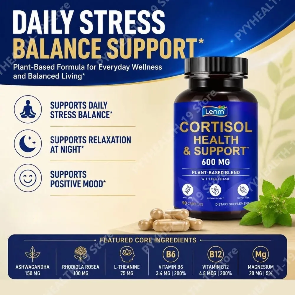 Lenm Cortisol Health Support Capsules Ashwagandha Rhodiola Holy Basil L-Theanine For Stress Balance & Relaxation Adult 90 Count