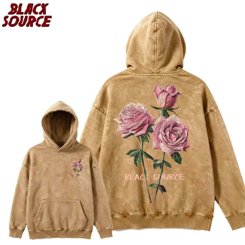 MP630 Hip Hop Men's Streetwear Retro Vintage Washed Anime Graphic Hoodie, Harajuku Casual Pullover Sweatshirt, Rose
