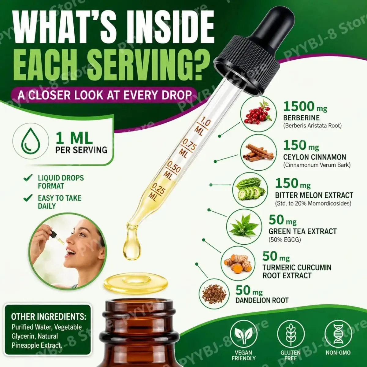 Holmanlabs Berberine Liquid Drops with Ceylon Cinnamon and Bitter Melon Digestive Health Support 1500 Mg Vegan Non-GMO 60 ML