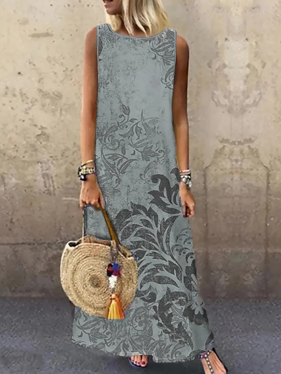 Vintage Floral Printed Women Sleeveless Sundress Summer Loose Casual Beach Long Dress Ladies Bohemia Maxi Dresses Party Vestidos