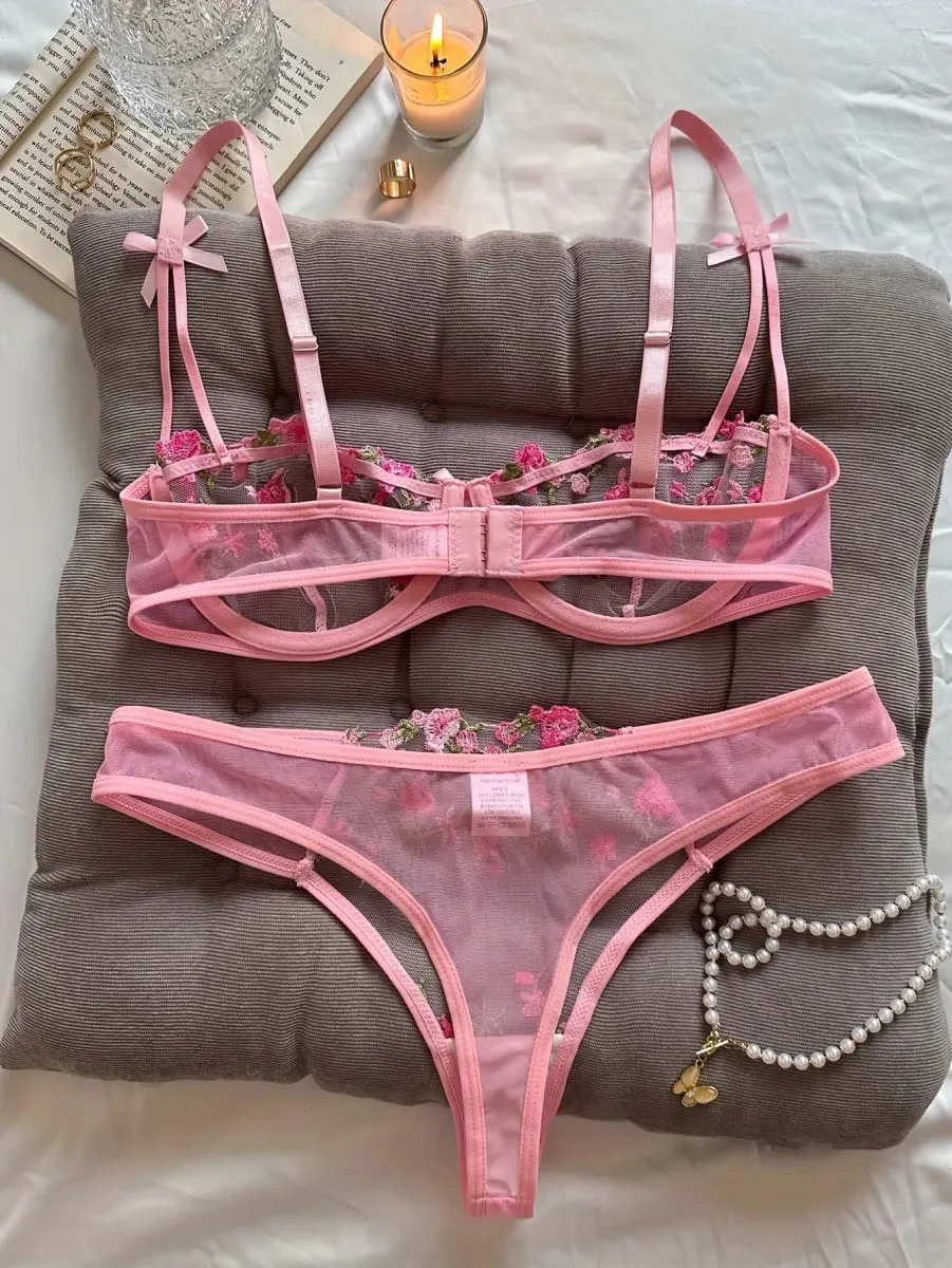 Lencería de noche para mujer, ropa interior Sexy hermosa de 2 piezas con bordado floral, conjunto de lencería erótica, conjuntos de mujer