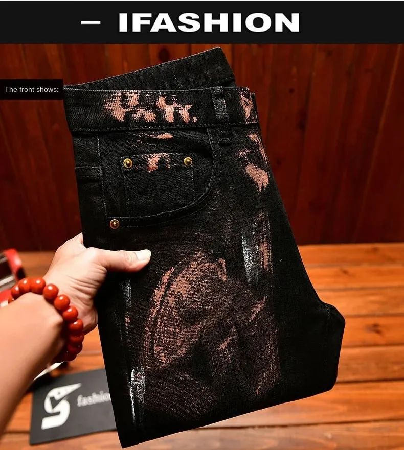 2025 Autumn Black Jeans Men's Inkjet Graffiti Printed Street Men's Clothing Nostalgic Trend High end Retro Denim Pants