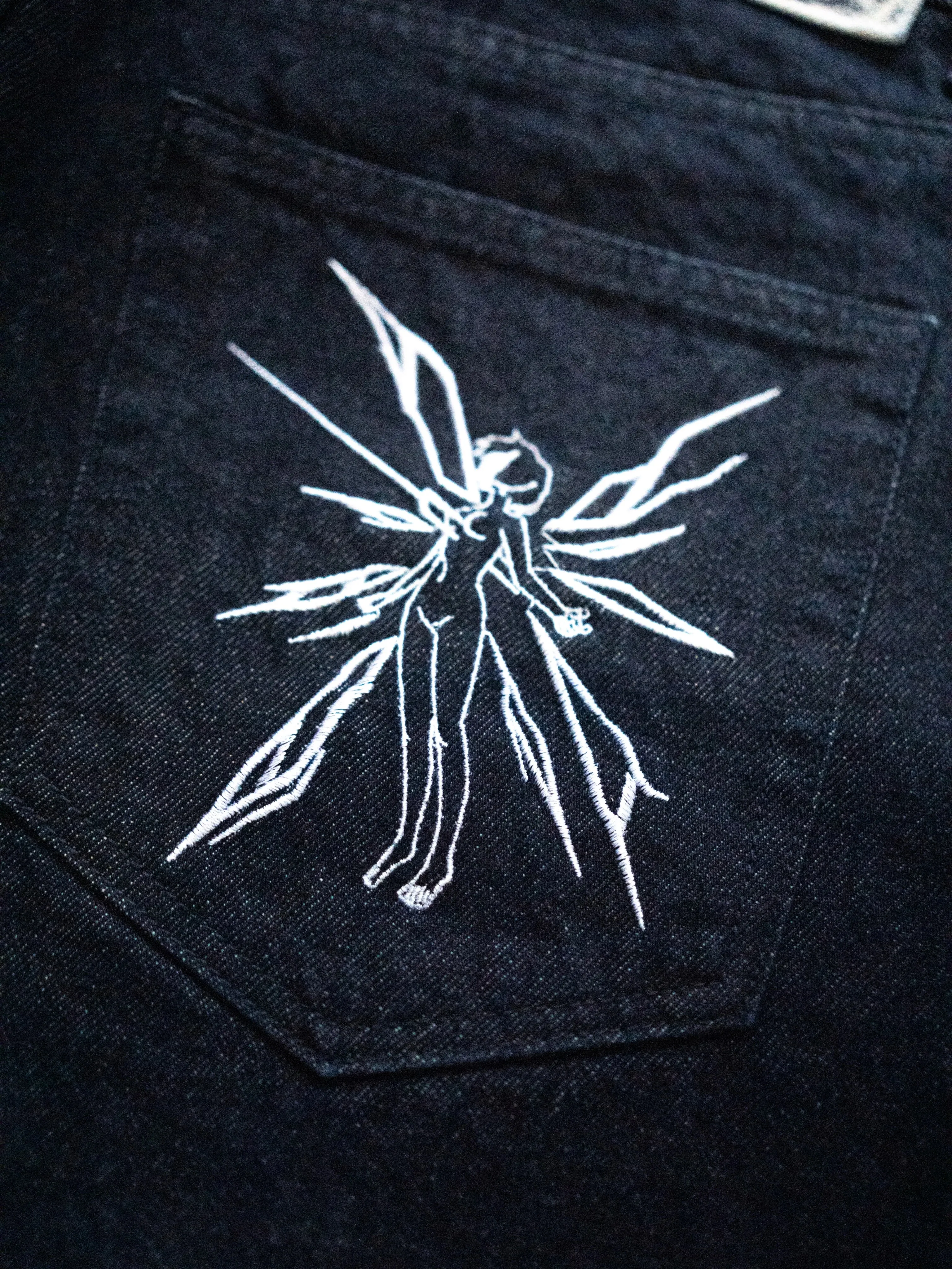 Y2K Anime Wide Leg Dark Denim Pants Angel Eye Symbol Embroidery Letter Print Adjustable Back Buckle Oversized Baggy Street Jeans