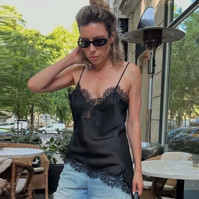 Asymmetrical Slip Top Women Summer 2025 Y2K Tanks & Camis Lace Black Off Shoulder Top Κομψή αμάνικη εξώπλατη καμιζόλα
