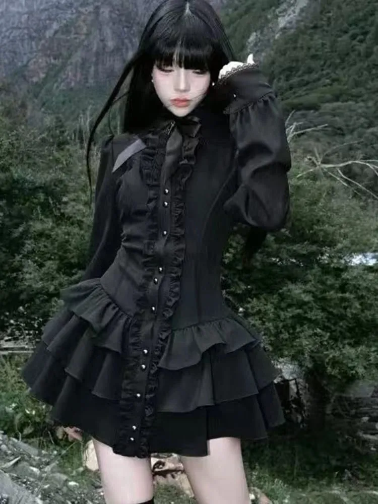 Aoaiiys Mini Dress Women Black Gothic Lace Spliced Dresses Y2K Japanese Streetwear Lolita Dresses Spicy Girls Fall Clothes New