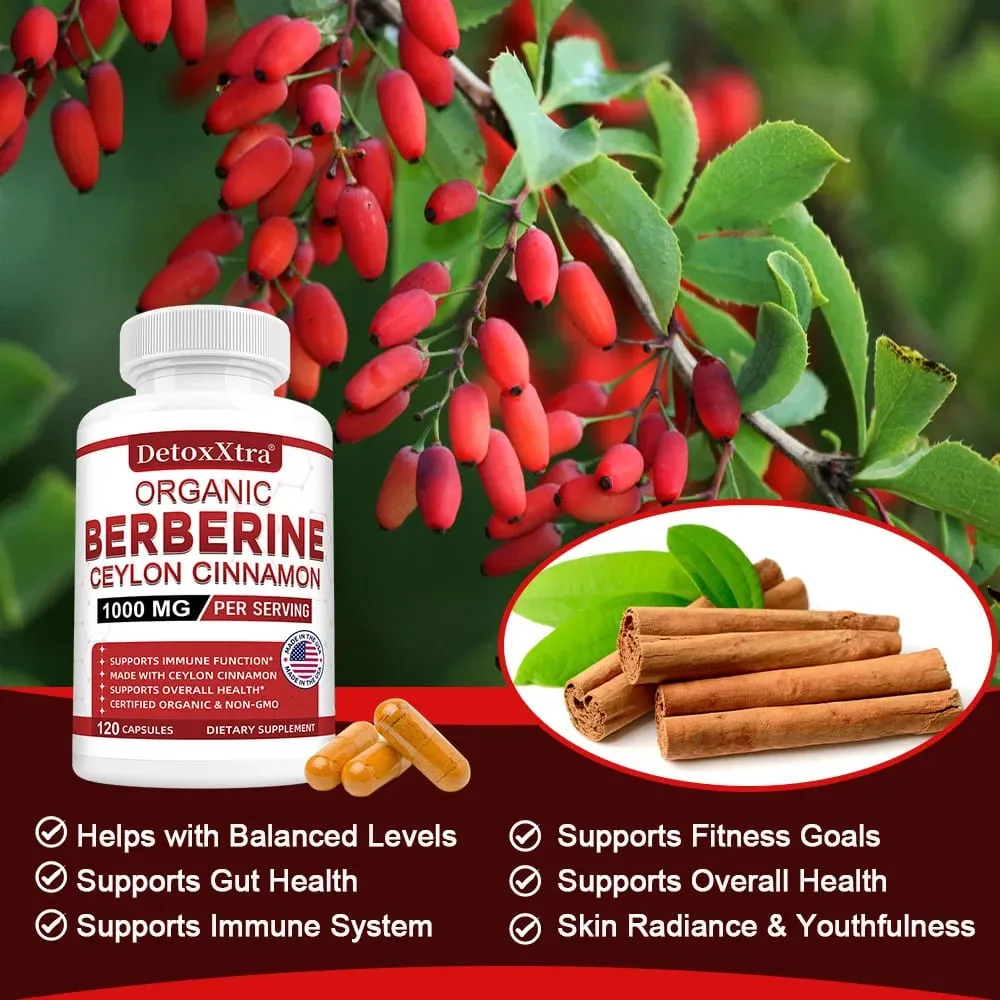 Premium Berberine HCL - Blood Sugar Support Heart Health - Ceylon Cinnamon Berberine HCI Supplement Capsules 1000MG