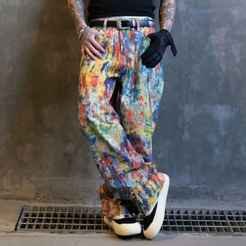 High Street Fashion Painted Graffiti Jeans Men's Mid Waist Casual Straight Leg Pants 2026 Summer New 28L2331