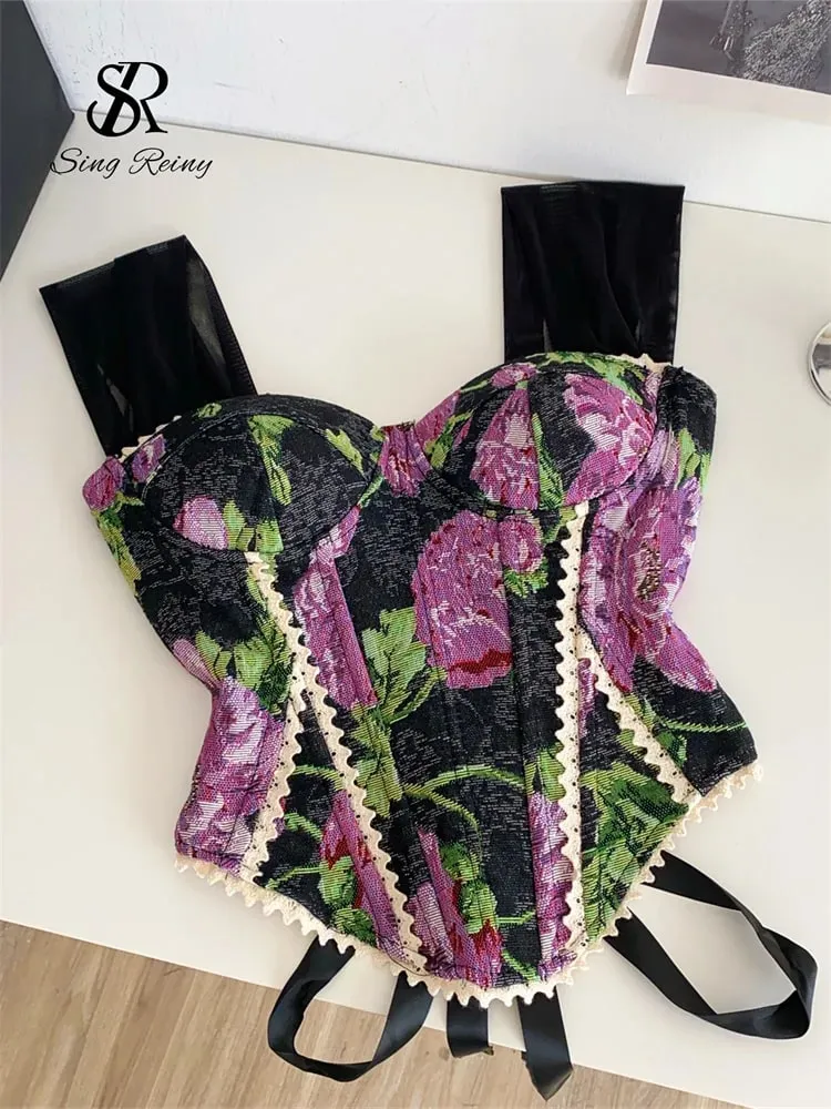 American Retro Print Evening Camisole Female Strap Lace Spliced Slim Top 2025 Streetwear Floral Vintage Beach Tank Top