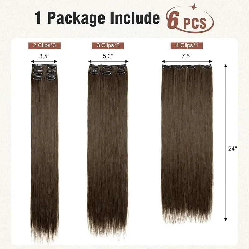 6PC Long Clip in Hair Extensions Brown Synthetic Straight Clip-in Hairpieces 24 inch Straight Hair Piece Extensions for Women