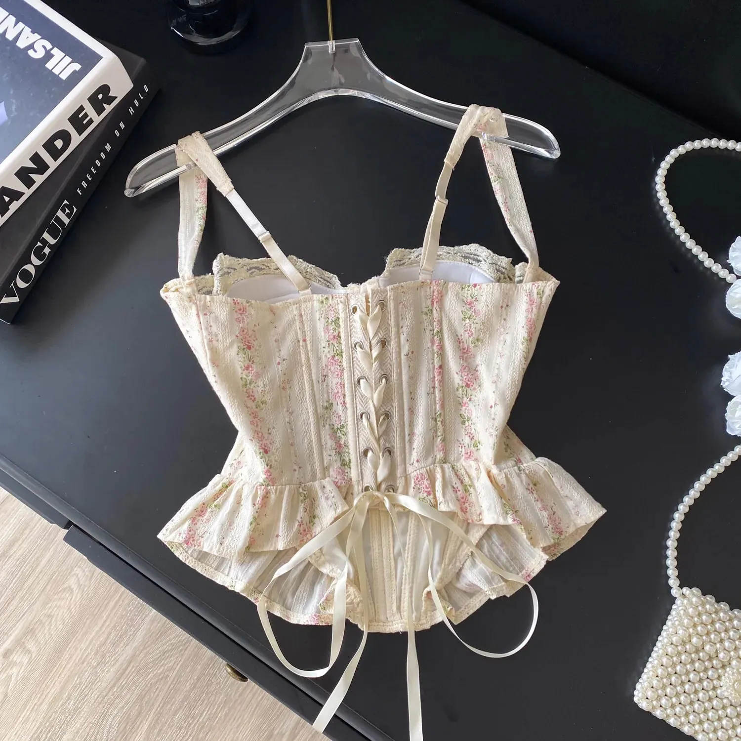 Elegant Lace Floral Bustier Women French Lace Up Splice Casual Daily Bodycon Tank Top Summer Print Vacation Corset Top