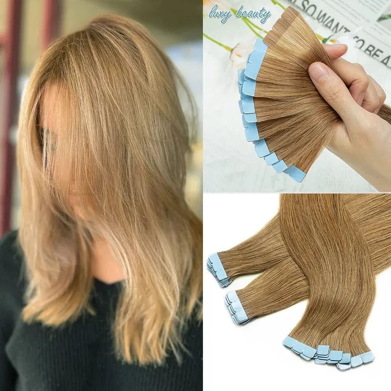 Blonde Mini-Tape-in-Haarverlängerungen, Echthaar, natürlich, glatt, schwarz, braun, doppelseitig, nahtlos, PU-Hautschuss-Tape-Ins, 10 Stück — image 11