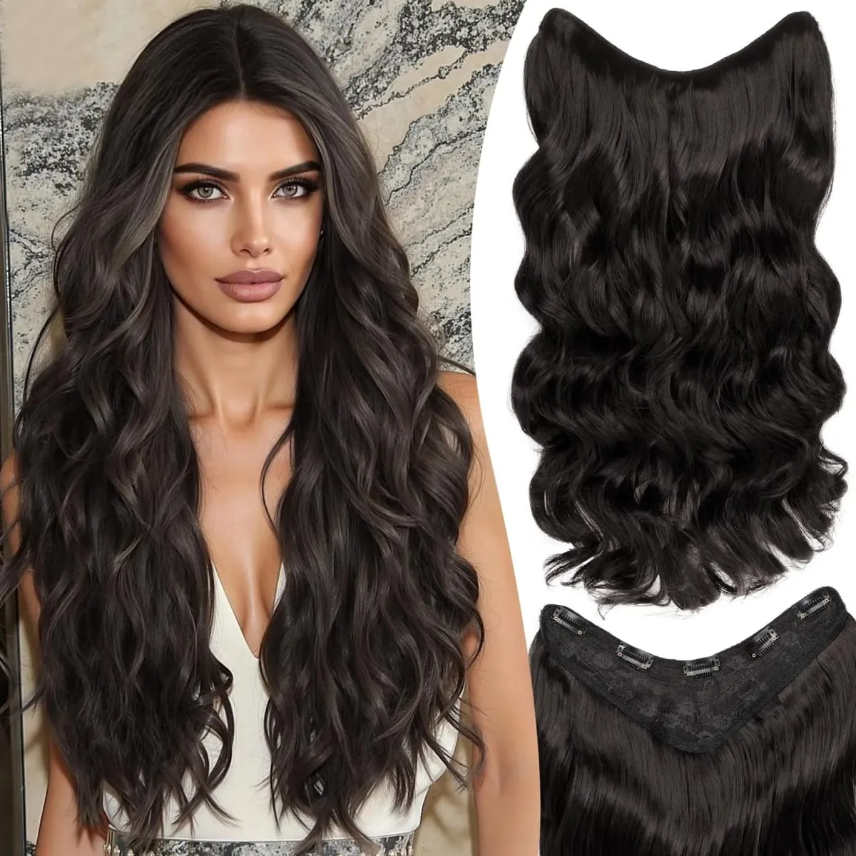 16-24 Inch U-Shape Lace 5 Clips Clip In Hair Extensions Synthetic Long Wave Curly Heat Resistant Full Shine Hair For Women