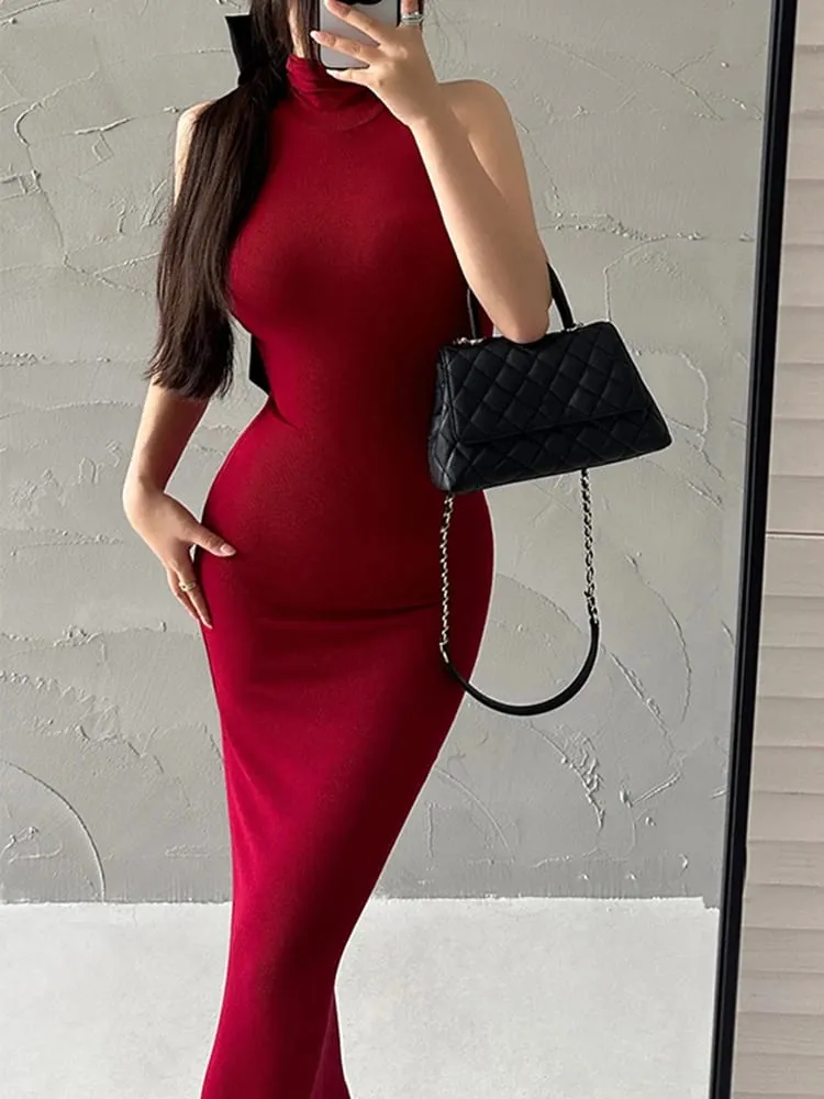 Vermelho magro sexy gola alta midi vestido feminino festa de noite senhoras elástico hip envoltório elegante bodycon vestidos y2k roupas