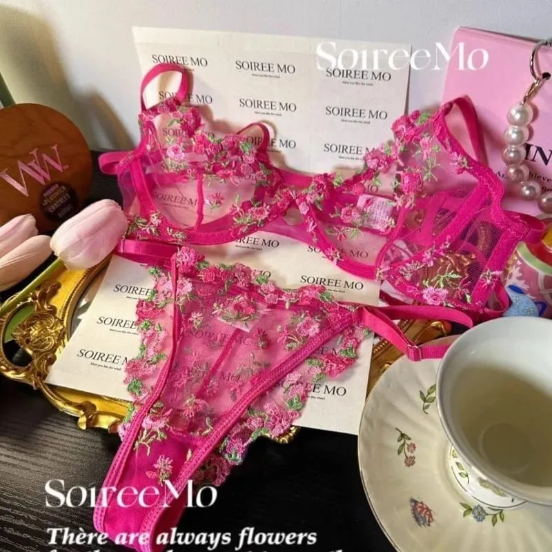 French Sheer Floral Lingerie Set Ultra Thin Sexy See Through Bralette with Soft Underwire & Women Large Bust Support S-XL MOYISU
