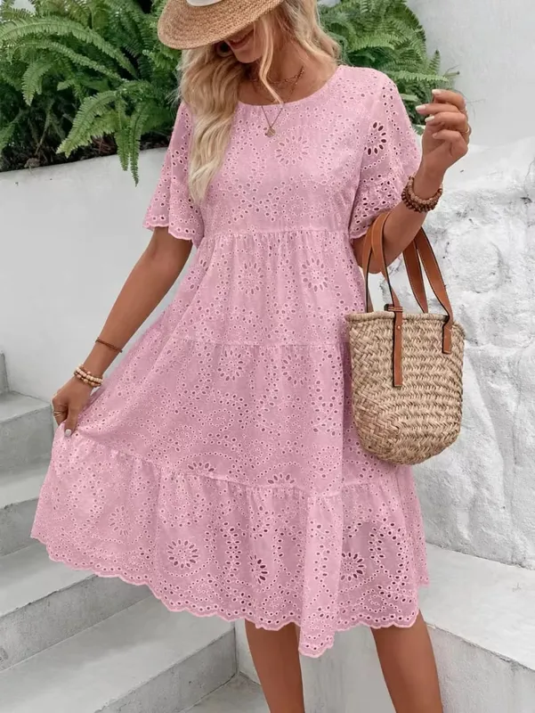 Women's White Eyelet Embroidery Midi Dress Hollow-out Boho Flowy Ruffle Tiered Dress Casual Short Sleeve Summer Beach Dresses