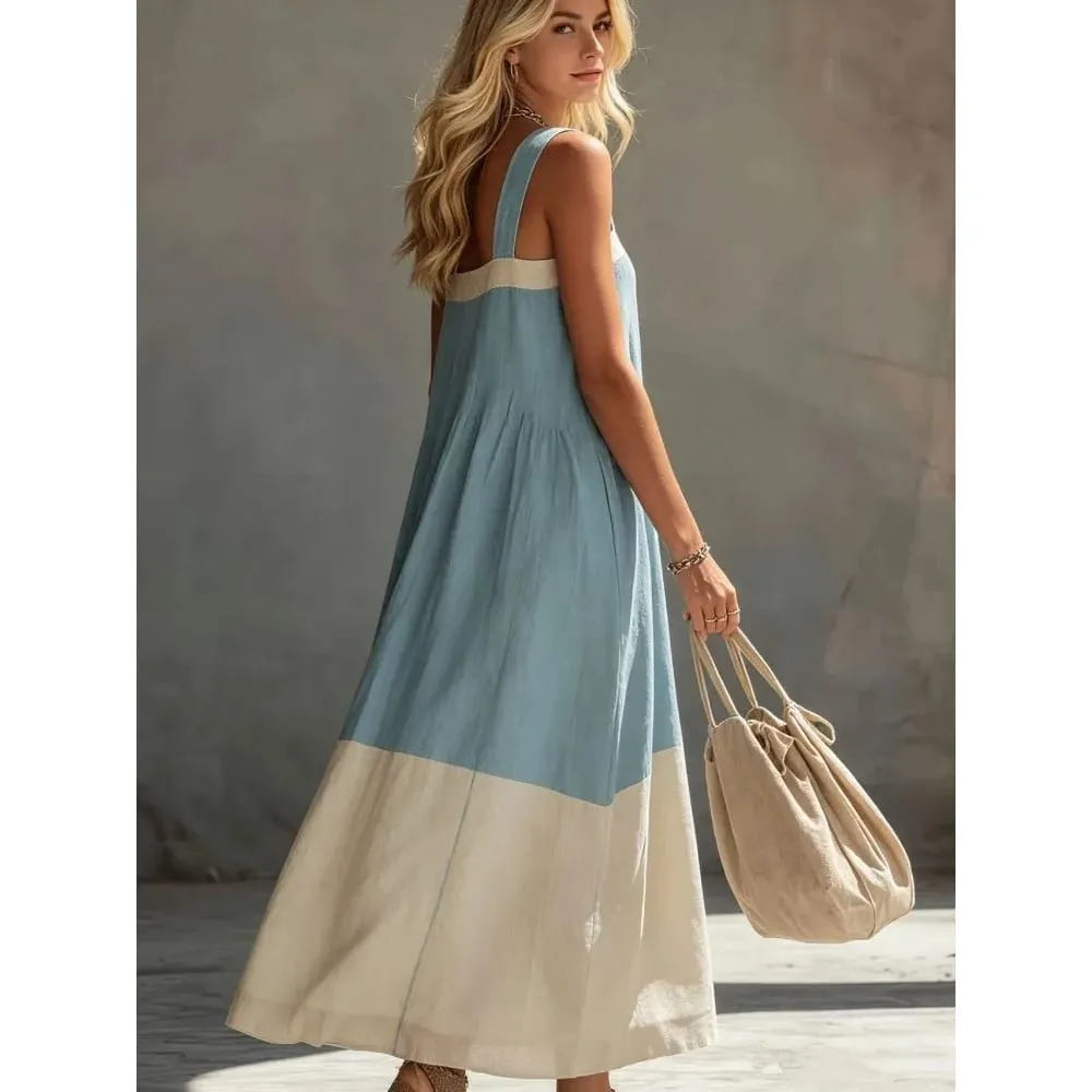 Women Color Block Sleeveless Maxi Dress Spaghetti Strap Loose Flowy Tiered Casual Sundress for Beach Vacation and Resort Wear