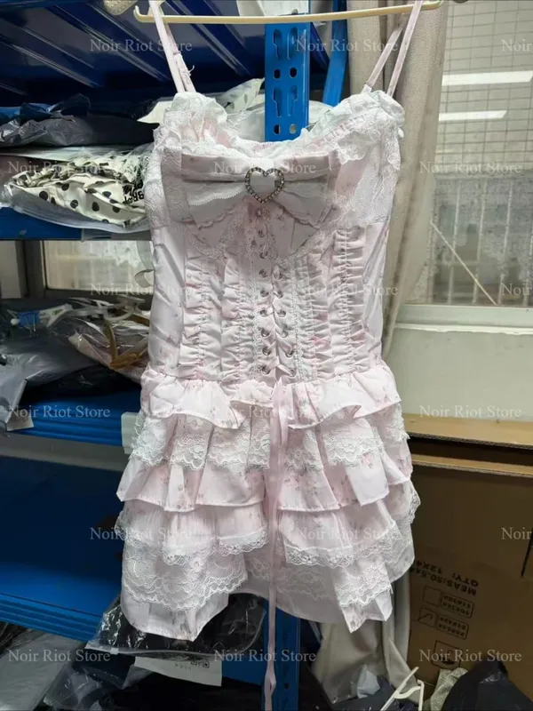 Jirai Kei Dark Sweet Lolita Mini Dress Women Bowknot Lace Puff Corset Heart Ruffle Cake Skirt Japanese Kawaii Harajuku Fashion