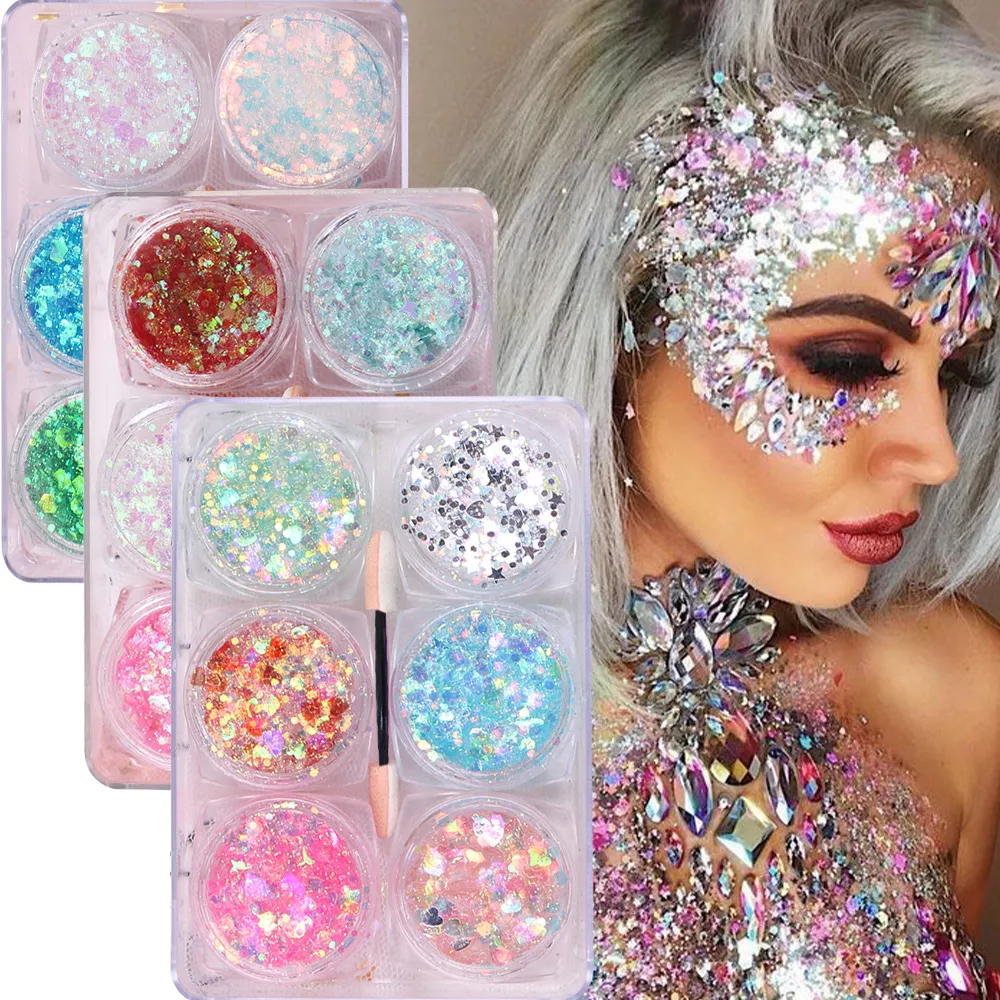 6Jar/set Holographic Body Glitter Gel Chunky Face Eye Heart Star Shaped Sparkle Glitter Sequins Makeup Nail Festival Party Decor