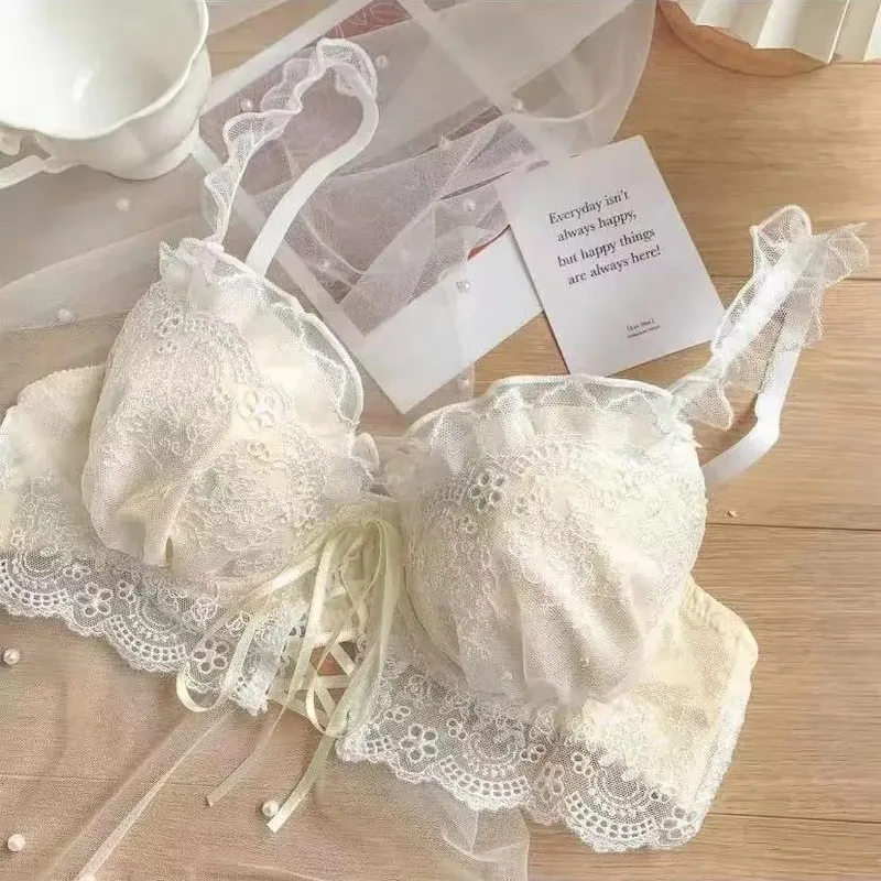 สไตล์ญี่ปุ่นลูกไม้ Bralette ชุดเซ็กซี่น่ารักชุดชั้นในแหวนเหล็กสำหรับหน้าอกเล็ก Push Up Bra & ชุดกางเกง ขายร้อน Now!