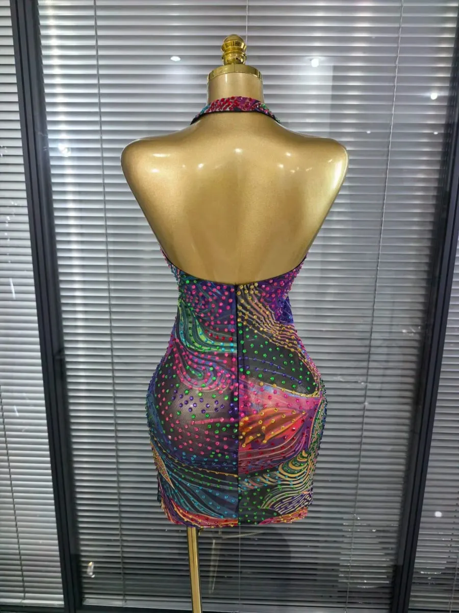 Blue Color Women Sexy Halter Backless Shinning Chain Bodycon Mini Dress Celebrate Nightclub Party Performance Costume Stage Wear