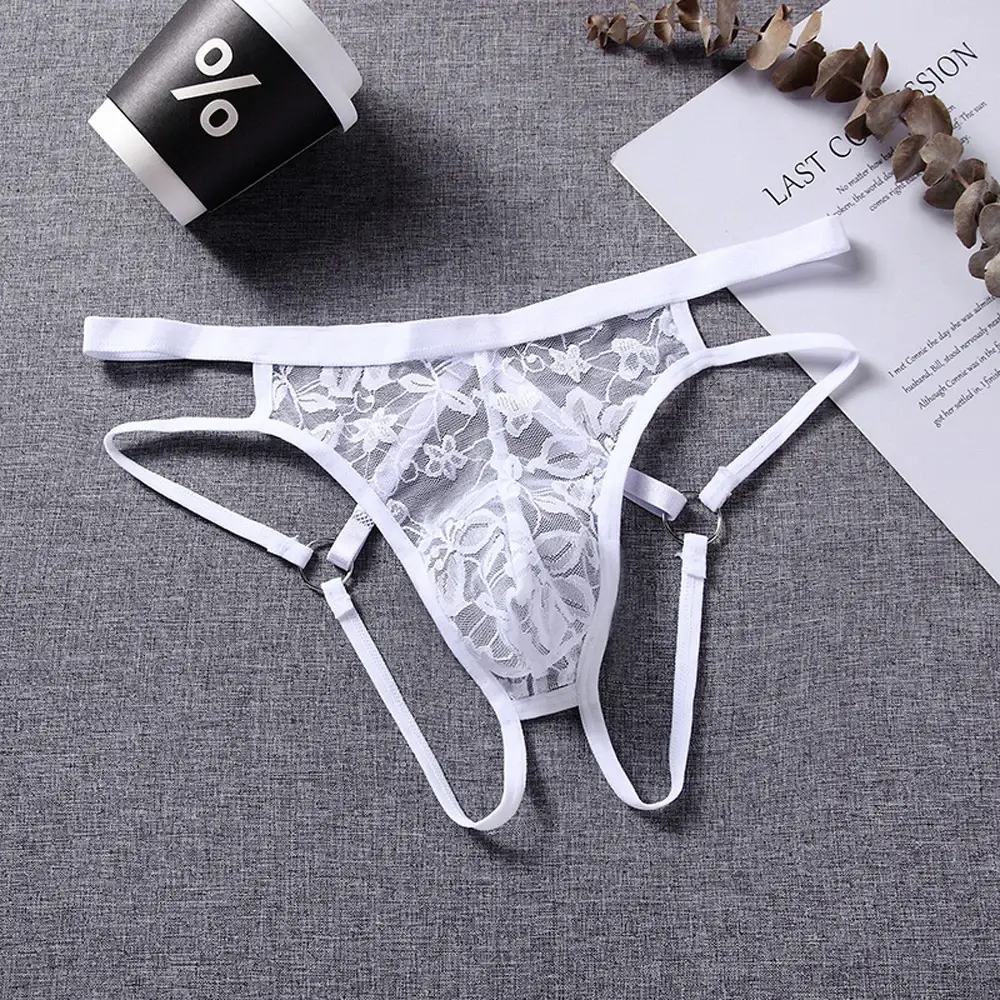 Sous-vêtements Sexy pour hommes, string, Lingerie exotique, culotte en dentelle transparente, pochette ajourée, motif floral, ceinture réglable
