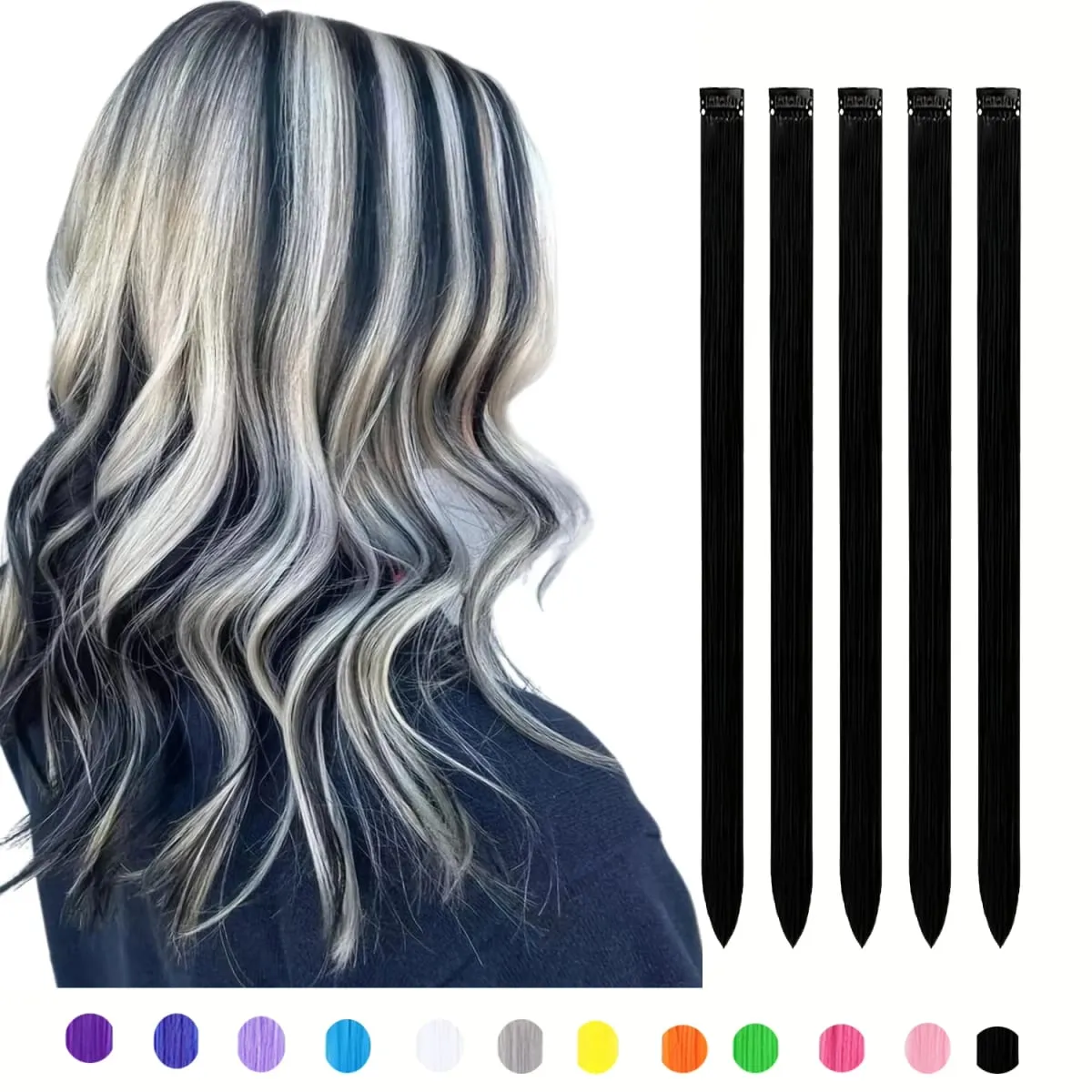5Packs Colored Hair Extensions 22Inch Straight Color Clip in on Hair Extension Rainbow Party Highlights Synthetic Hair