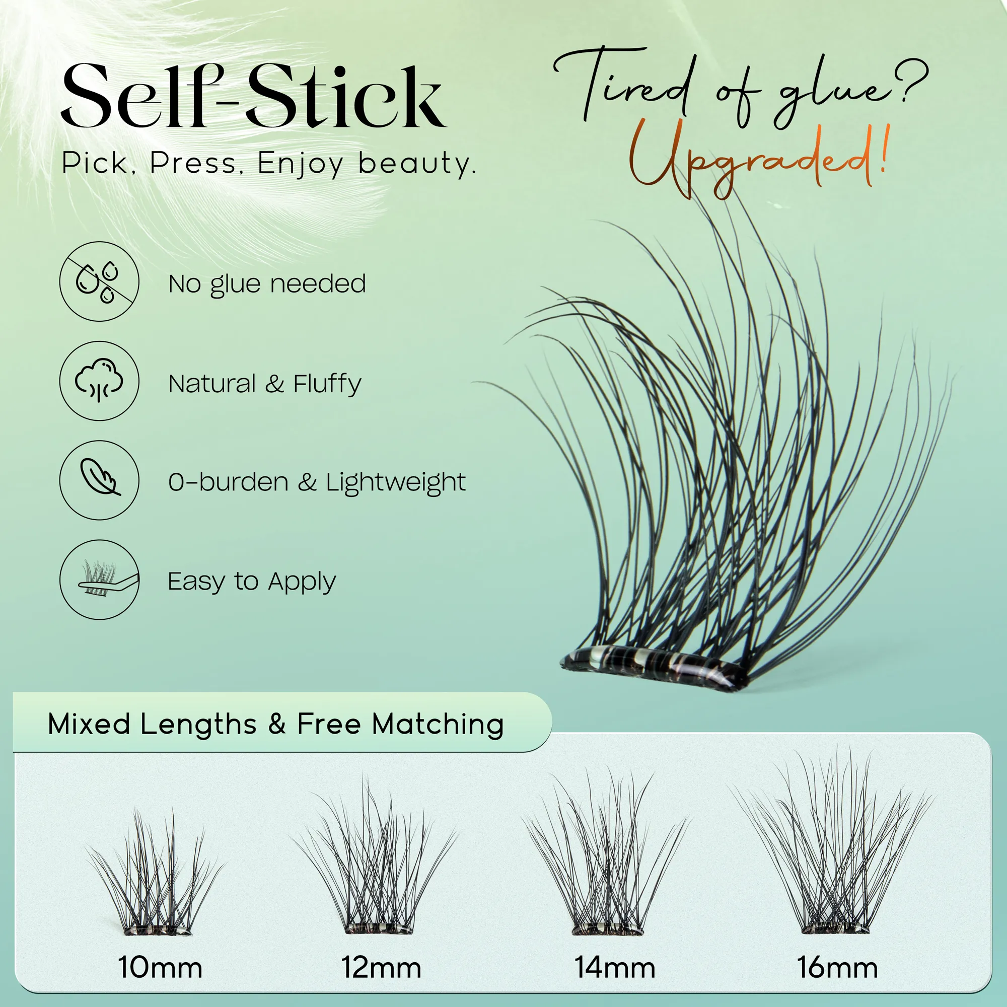 Self Adhesive Eyelashes No Glue Needed Lashes 10‑16mm Pre Glued Cluster Lashes D Curl Soft Natural Press on Lashes