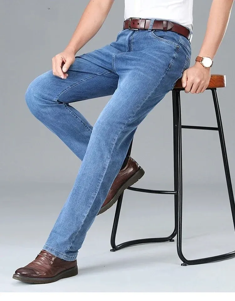 2026 Summer Brand Business Casual Men's Straight Denim Softener Lightweight Jeans Classic Embroidered Cotton Stretch Thin Pants