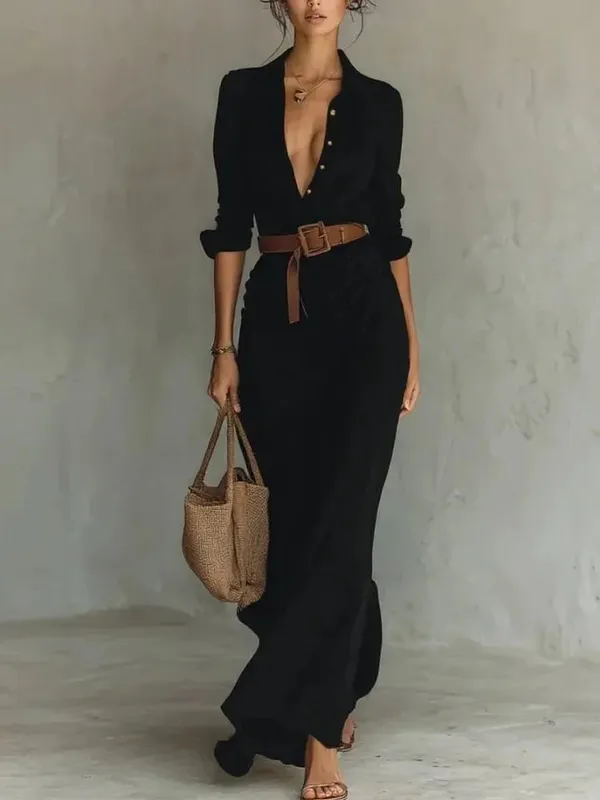 2025 New Autumn Woman Sexy Deep V Neck Hollow Long Dress Elegant Solid Belted Irregular Party Long Sleeve Slim Casual Dresses — image 10