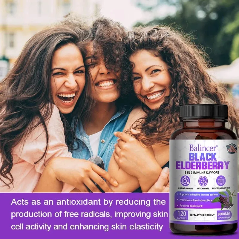 Black Elderberry Capsules with Milk Thistle Vitamin C Zinc Antioxidant Immune Support Skin Respiratory & Digestive Health