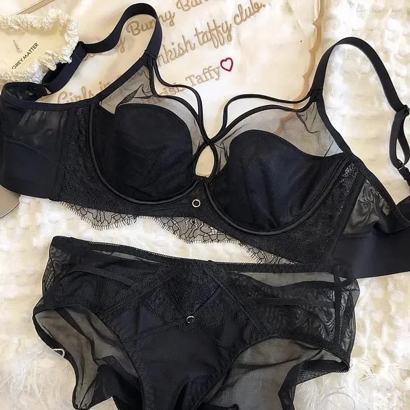 Sexy Hollow Bra Briefs Set Women Lace High Quality Underwear Thin Cup Adjustment Type Push Up Bras Mesh Lingerie Sets