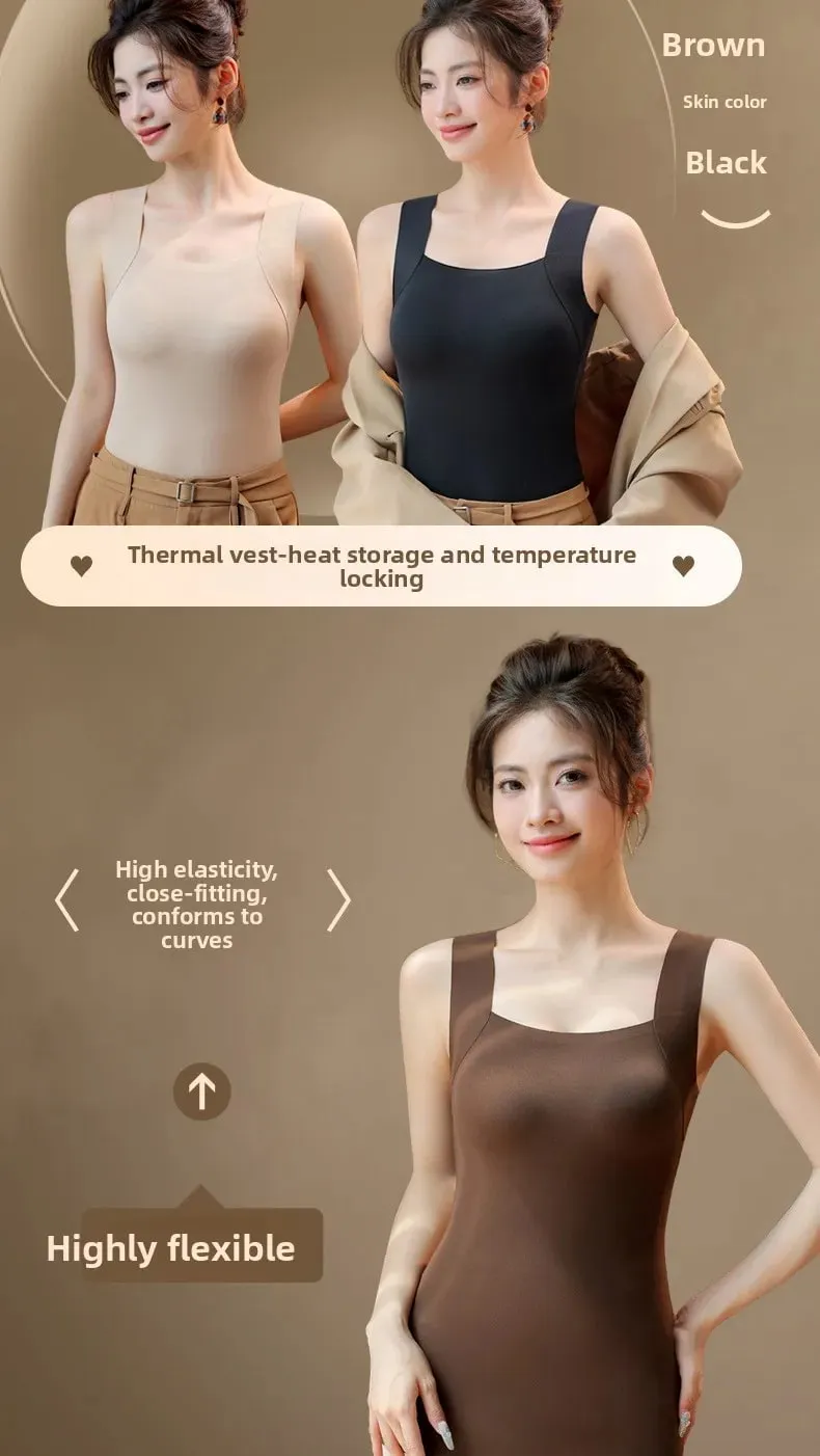 For 40-90kg Autumn Seamless Plus Size Thermal Vest With Build-in Bra For Women Fixed Cup Beauty Skin Tank Tops Square Collar