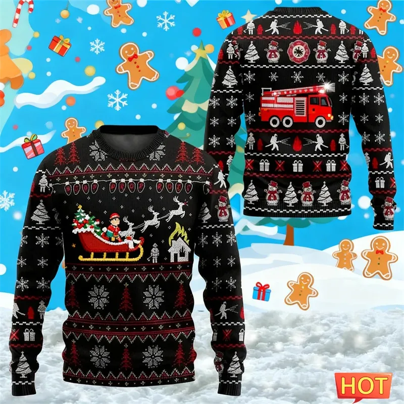 Fashion Fire Truck Graphic Ugly Christmas Sweater For Men Trendy Streetwear 3D Printed O Neck Sweatshirts Loose Streetwear Tops — image 2